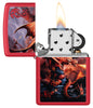 Zippo Anne Stokes Fire Dragon Design Red Matte Windproof Lighter with its lid open and lit.