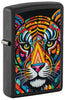 Front shot of Zippo Tiger Stripes Design Black Matte Windproof Lighter standing at a 3/4 angle.