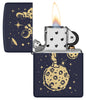 Zippo Lost in Space Design Navy Matte Windproof Lighter with its lid open and lit.