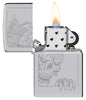 Zippo Mohawk Skull Design High Polish Chrome Windproof Lighter with its lid open and lit.