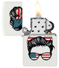 Zippo American Woman Design White Matte Windproof Lighter with its lid open and lit.