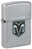 Front shot of Zippo Dodge RAM Design Street Chrome Windproof Lighter standing at a 3/4 angle.