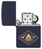 Zippo Campfire Design Navy Matte Windproof Lighter with its lid open and unlit.