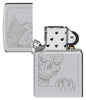 Zippo Mohawk Skull Design High Polish Chrome Windproof Lighter with its lid open and unlit.