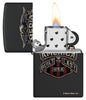 Zippo Buck Wear Eagle Design Black Matte Windproof Lighter with its lid open and lit.