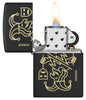 Zippo Masked Joker Design Black Matte Windproof Lighter with its lid open and lit.