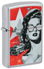 Front shot of Zippo Glam Glasses Design High Polish Chrome Windproof Lighter standing at a 3/4 angle.