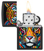 Zippo Tiger Stripes Design Black Matte Windproof Lighter with its lid open and lit.