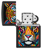 Zippo Tiger Stripes Design Black Matte Windproof Lighter with its lid open and unlit.