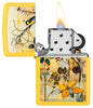 Zippo Scrapbook Bird Design Sunflower Windproof Lighter with its lid open and lit.