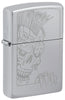 Front shot of Zippo Mohawk Skull Design High Polish Chrome Windproof Lighter standing at a 3/4 angle.