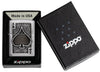 Ace Of Spades Emblem Brushed Chrome Windproof Lighter in its packaging.