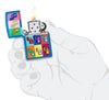 Zippo Pop Art Design Sky Blue Matte Windproof Lighter lit in hand.