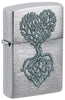 Front shot of Zippo Rooted in Love Design Brushed Chrome Windproof Lighter standing at a 3/4 angle.