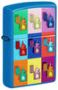 Front shot of Zippo Pop Art Design Sky Blue Matte Windproof Lighter standing at a 3/4 angle.