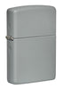 Front shot of Flat Grey Windproof Lighter standing at a 3/4 angle