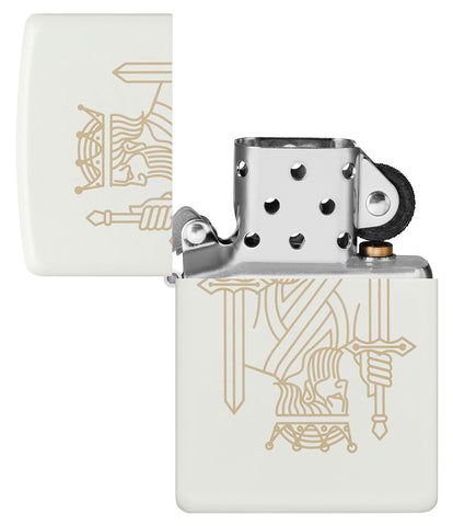 Zippo lighter matt white with double-sided laser engraving of a king with crown and sword opened without flame