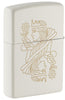 Zippo lighter rear view ¾ angle matt white with double-sided laser engraving of a queen with tiara as well as flower