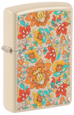 Front shot of Vintage Floral Design Flat Sand Windproof Lighter standing at a 3/4 angle.
