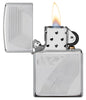 James Bond 007™ Auto Engraved High Polish Chrome Windproof Lighter with its lid open and lit.