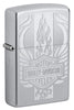 Front shot of Harley-Davidson® Luster Etch Satin Chrome Windproof Lighter standing at a 3/4 angle.