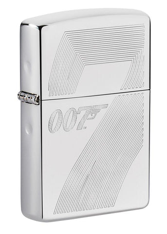 Front view of James Bond 007™ Auto Engraved High Polish Chrome Windproof Lighter standing at a 3/4 angle.