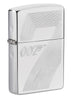 Front view of James Bond 007™ Auto Engraved High Polish Chrome Windproof Lighter standing at a 3/4 angle.