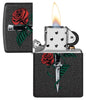 Rose Dagger Tattoo Design Black Crackle® Windproof Lighter with its lid open and lit.