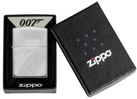 James Bond 007™ Auto Engraved High Polish Chrome Windproof Lighter in its packaging.
