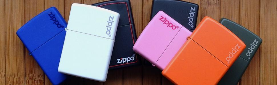 Seven Zippo lighters with a Zippo logo randomly laid on a wood surface